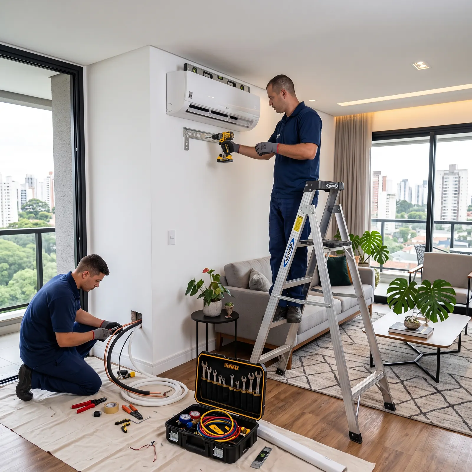 Técnicos instalando unidade interna de ar-condicionado split em sala