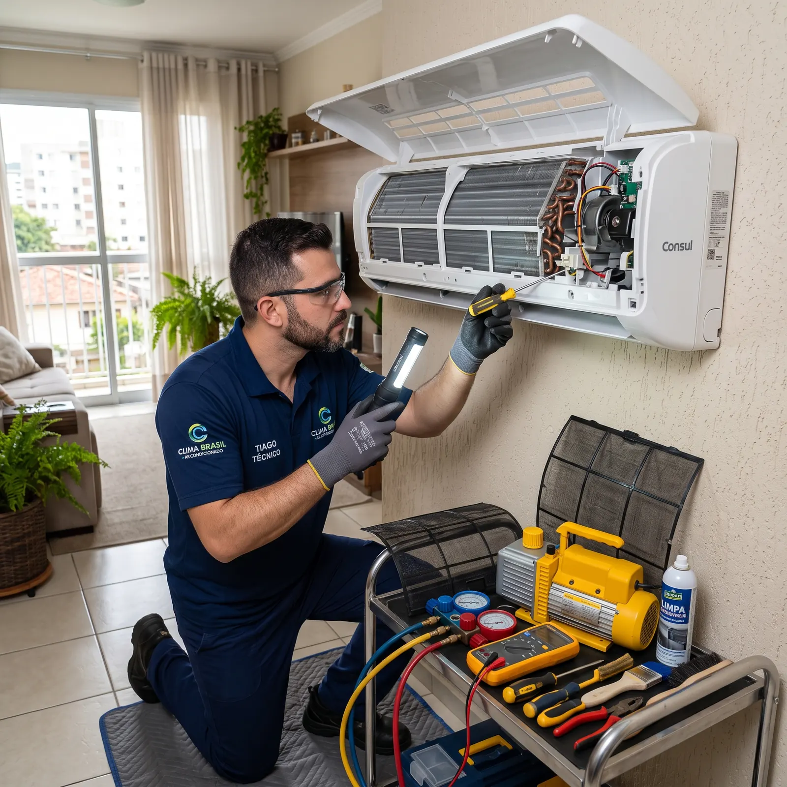 Técnico realizando manutenção preventiva em ar-condicionado